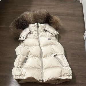 Moncler Beige Puffer Vest with Fur Trim